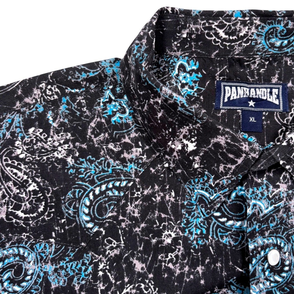 Panhandle Western Shirt Mens XL Black Turquoise Paisley Floral Pearl Snap Rodeo